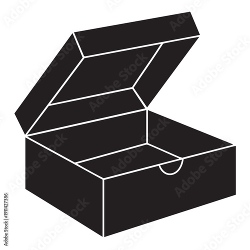 An open black box with lid ajar is illustrated against a clean white background viewed from an isometric perspective showing its empty interior and simple design