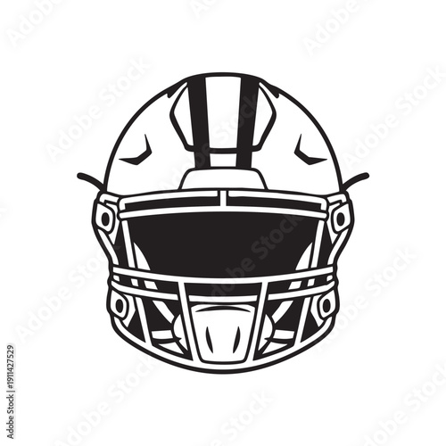 A black and white illustration of a football helmet viewed from the front, showcasing a sleek design with a face guard and chin strap, set against a plain white background.
