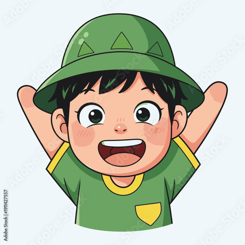 A cheerful cartoon boy, wearing a green hat and matching shirt, smiles broadly with hands behind his head, embodying joy and carefree childhood.