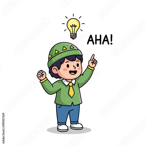 A cheerful cartoon boy experiences a sudden moment of brilliant inspiration, with a glowing lightbulb illuminating his clever new idea.