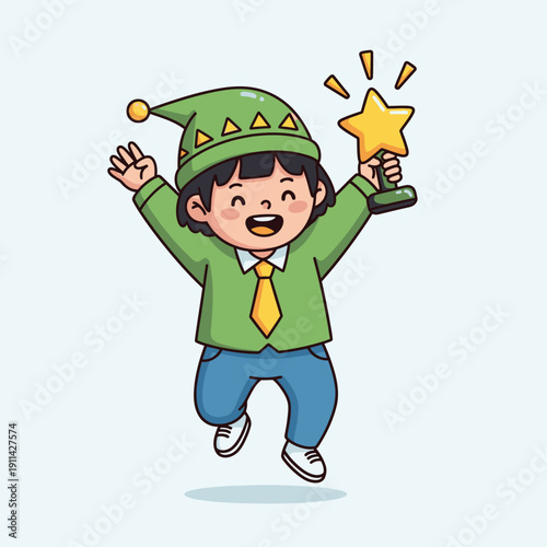 A cheerful cartoon character, adorned in a festive green hat and tie, joyfully leaps while proudly clutching a sparkling golden star trophy, epitomizing success and achievement.