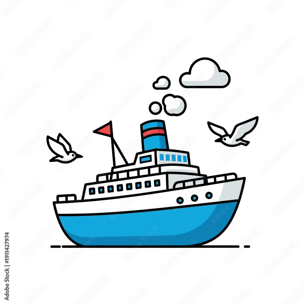Fototapeta premium Cartoon Cruise Ship with Seagulls and Clouds.