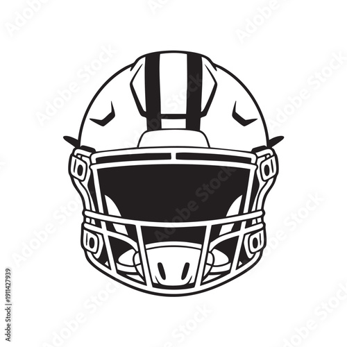A football helmet illustration viewed from the front, showcasing a detailed design and protective features, set against a clean and simple background, ideal for sports-themed graphics and designs.