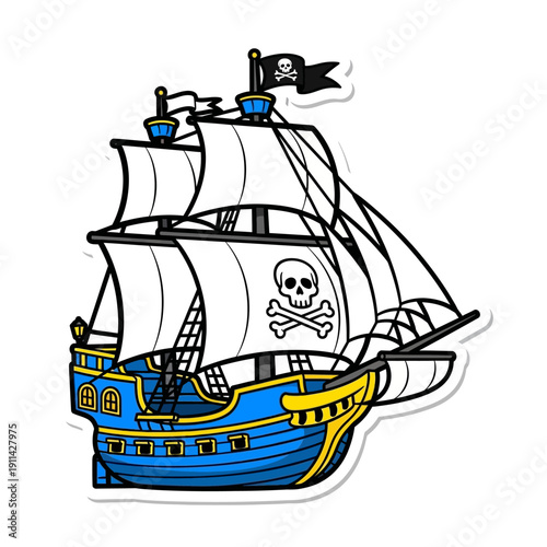 Cartoon Pirate Ship with Skull and Crossbones Flag Sticker.