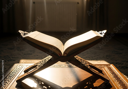 Open Holy Quran on Wooden Rehal Stand with Morning Sunlight and Dust Particles