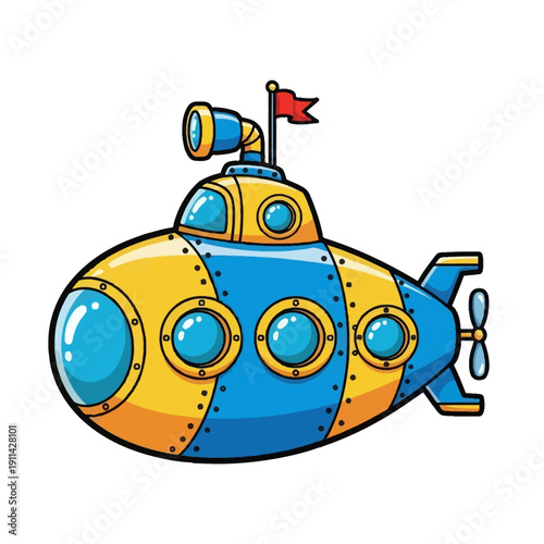 Colorful Cartoon Submarine with Periscope and Propeller.