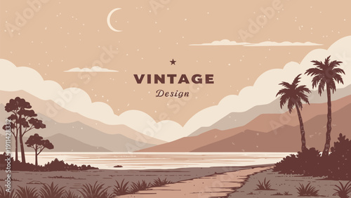 Vintage tropical landscape with serene beach and mountain view at night