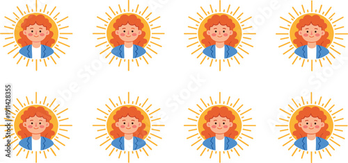 Friendly Cartoon Young Woman with Red Curly Hair and Blue Jacket Smiling in Front of Bright Yellow Sun Rays Illustration