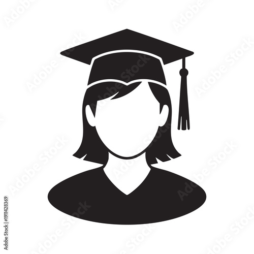 A young female graduate is depicted wearing a graduation cap and gown in a simple illustration style, viewed from the front, showcasing her achievement in a minimalist design.