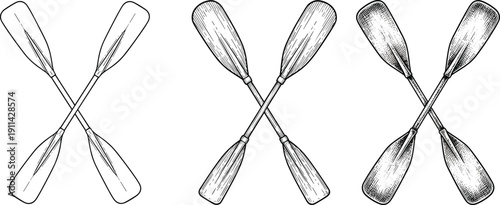 Set of Three Pairs of Crossed Wooden Boat Oars and Paddles Vector Illustrations in Vintage Engraved Style for Nautical Logos Rowing Sports and Marine Designs