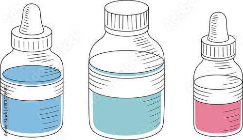 Medical glass bottles and dropper set for healthcare treatment, pharmacy liquid medicine containers icon vector