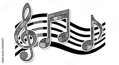 This elegant black and white graphic features a treble clef and various musical notes on a flowing staff, embodying the essence of melody and artistic creativity.