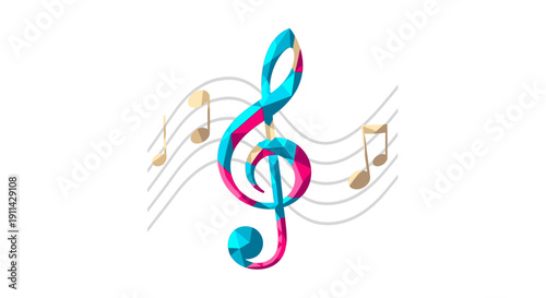 A vibrant, geometric treble clef in blue and pink hues, accompanied by elegant golden musical notes, beautifully symbolizing artistic creativity.