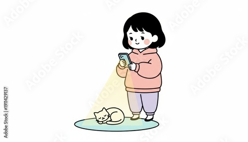 Cartoon illustration of girl in pink hoodie uses smartphone flashlight to look at small sleeping cat minimal flat illustration Japanese casual lifestyle