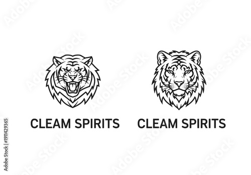 Two stylized black and white tiger head logos showing fierce and calm expressions with text Cleam Spirits