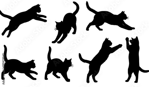 Dynamic cat silhouettes vector set with jumping running and playful feline poses