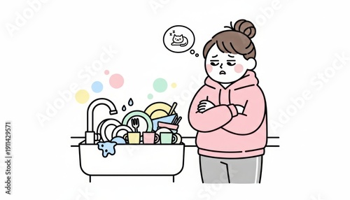 Cartoon illustration of Tired woman with crossed arms looks at kitchen sink full of dirty dishes and bubbles minimal flat illustration Japanese casual lifestyle