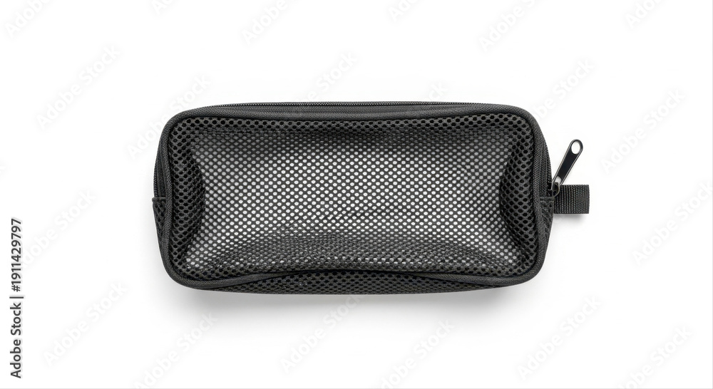 Naklejka premium Rectangular mesh wash bag with zipper, isolated on white background, showcasing sleek black design and spacious interior for toiletries