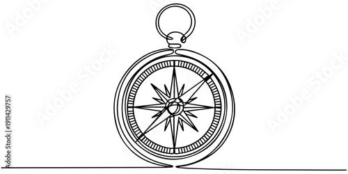 One continuous line drawing of traveler compass. Old navigate and adventure symbol in simple linear style. Business strategy and adventure concept in editable stroke. Doodle vector illustration