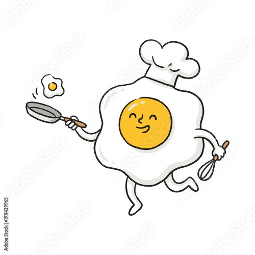 Fried egg cartoon character chef with pan and whisk. Funny breakfast food mascot cooking happy. Cute culinary concept for menu.