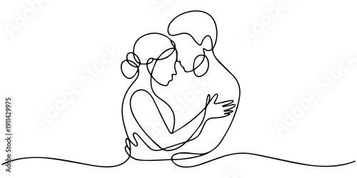 Emotional couple embrace. Minimalistic one-line drawing lovers embracing conveying trust, love, and emotional security,