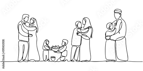 Vector illustration of muslim men hugging each other. Modern flat in continuous line style. Eid Festival Happy Muslim People 