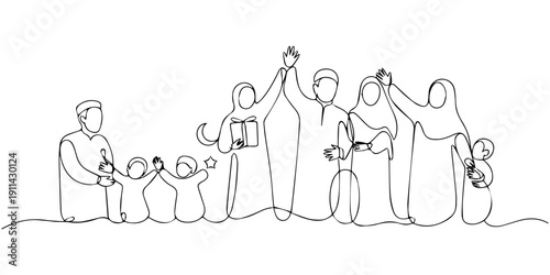 Vector illustration of muslim men hugging each other. Modern flat in continuous line style. Eid Festival Happy Muslim People 