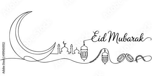 Ramadan kareem in one continuous line drawing. Islamic decoration with lanter, star and moon in simple linear style.one line  vector illustration  with out background eid fitr mubarak