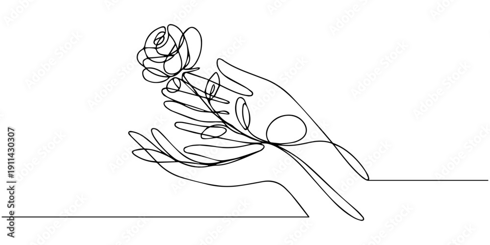 Obraz premium Continuous one line drawing of a hand holding a rose, a symbolic romantic gesture. Line art style vector illustration.