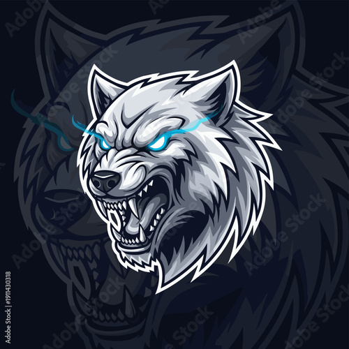 Furious wolf head illustration with sharp teeth and electric blue eyes