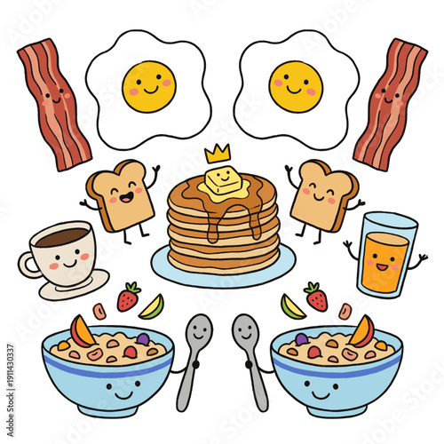Cute breakfast food characters smiling on white background. Kids menu design element. Happy meal illustration for children.