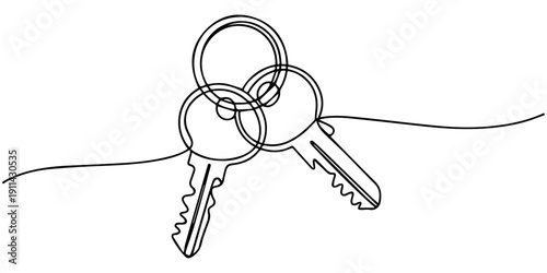 Minimal one line drawing of a bunch of house keys hanging on a surface. Continuous line art illustration symbolizing home, security, access, and property ownership. Ideal for real estate branding,