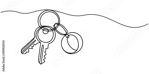 Minimal one line drawing of a bunch of house keys hanging on a surface. Continuous line art illustration symbolizing home, security, access, and property ownership. Ideal for real estate branding,