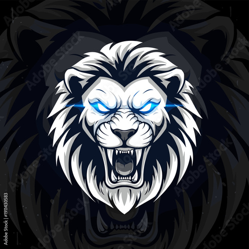 Stylized aggressive lion head roaring illustration with fierce glowing blue eyes