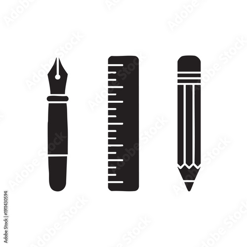 A collection of office supplies including a fountain pen, a ruler, and a pencil are neatly arranged side by side on a clean background from a straightforward viewpoint