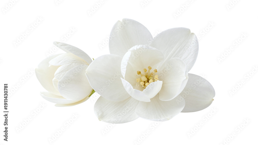 Obraz premium Delicate white jasmine flowers isolated on a clean white background, showcasing purity and freshness