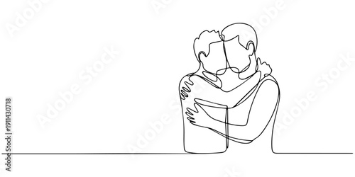 continuous one line drawing of men friends hugging each other.