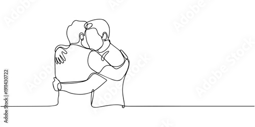 continuous one line drawing of men friends hugging each other.