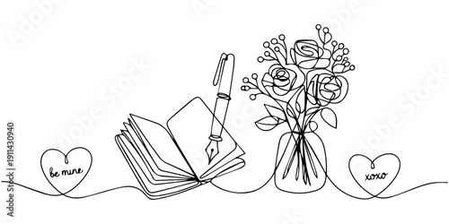 Minimalist One Line Drawing of Hand Writing in Notebook with Flower, Elegant