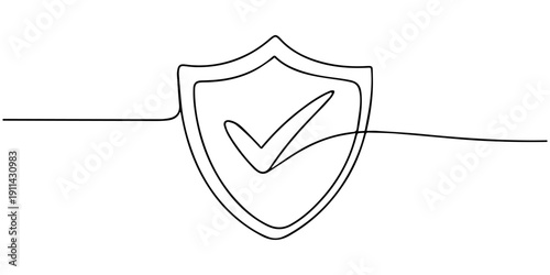 Security shield with check mark of one continuous line drawn. Shield drawn in one line. Safety and anti-virus protection concept. Vector illustration.