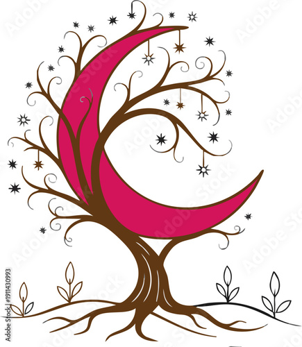 WebMystical stylized tree featuring a large vibrant magenta crescent moon nestled within its twisting branches creating an ethereal celestial design element.
