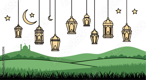 WebBeautifully illustrated glowing traditional lanterns hanging in a dark night sky above a serene green landscape featuring a crescent moon and stars.