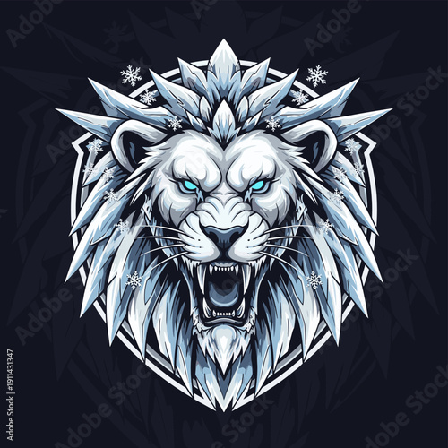 White ice lion head roaring with blue eyes and snowflakes on a dark background
