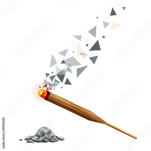 Sandalwood incense stick burning with geometric smoke design, isolated on white background, featuring abstract triangular shapes and a small ash pile