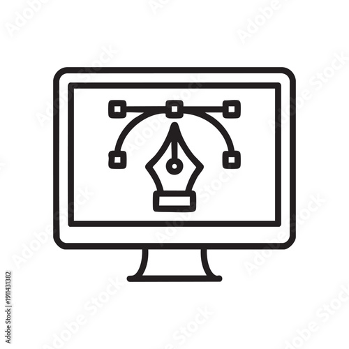 A computer monitor displays a simple line art illustration of a fountain pen nib surrounded by anchor points and lines on a screen
