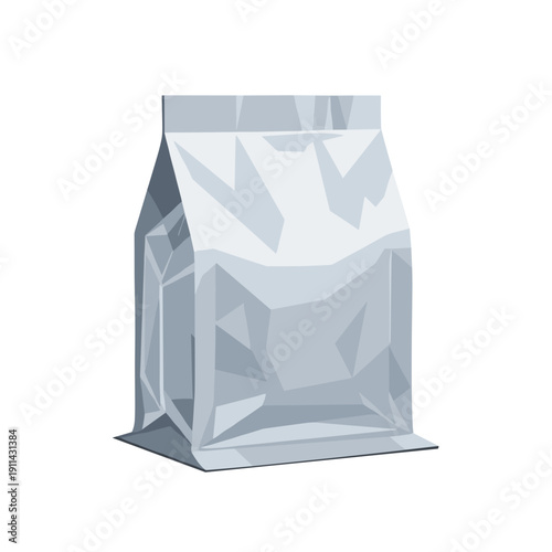 Crumpled foil pouch standing upright, isolated against a clean white background, showing reflective surfaces and sharp edges in minimalist style