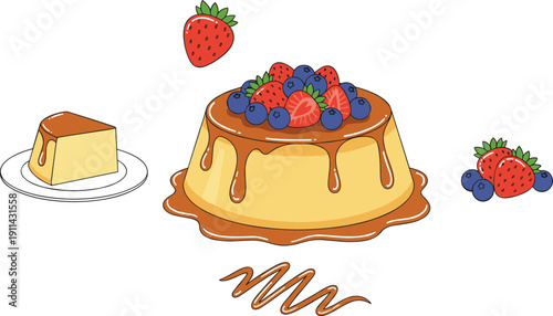 Caramel Pudding with Berries Dessert Flat Vector Illustration Isolated on White Background