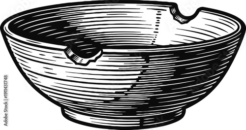 Vintage wooden bowl with carved notches, hand drawn rustic kitchenware illustration