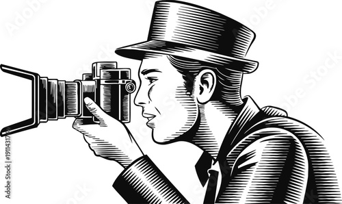 vintage man with camera wearing hat capturing in black and white