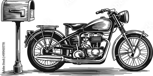 Classic vintage motorcycle parked next to a mailbox in detailed black and white engraving